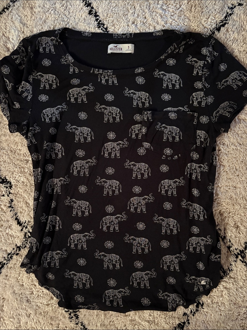 Hollister Black Tee with Ivory Elephant Print and Pocket